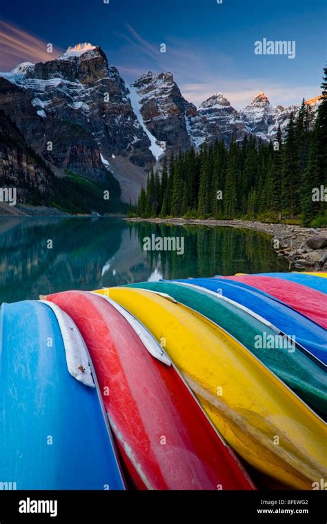Canoes On Moraine Lake In Banff National Park High Resolution Stock