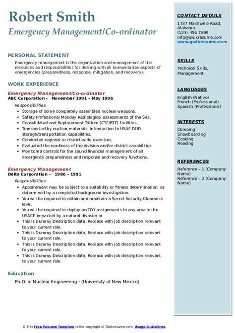 The emergency management plan for mass casualty incidents (mci) is for events occurring inside and 2. Emergency Management Resume Samples | QwikResume