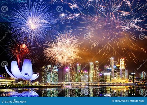Fireworks On Singapore Skyline New Years Eve Stock Image Image Of
