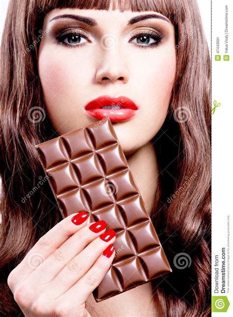 Beautiful Woman With Bar Of Chocolate Stock Image Image Of Lips