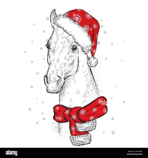 A White Horse Wearing A Santa Hat And Red Scarf With Snowflakes On It