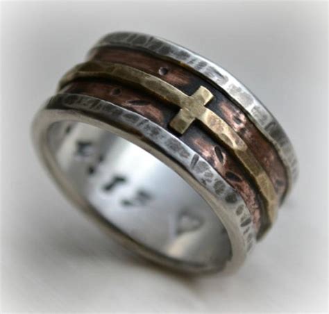 Mens Wedding Band Rustic Fine Silver Copper And Brass Cross Handmade Artisan Designed Wide Band Ring Manly Christian Ring Customized 