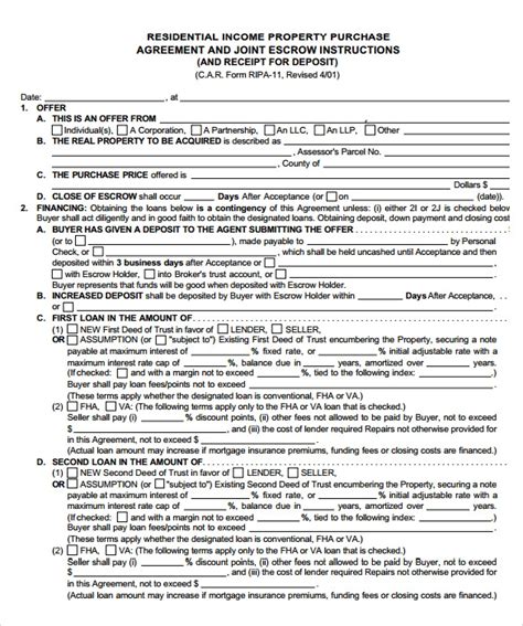 sample property purchase agreements sample templates