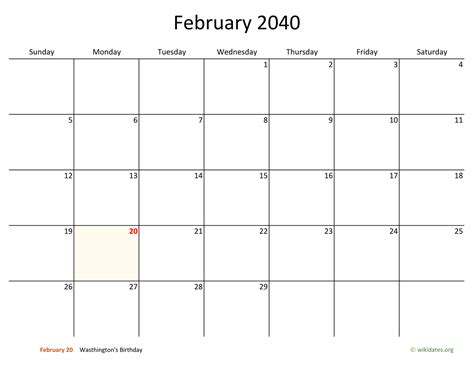 February 2040 Calendar With Bigger Boxes
