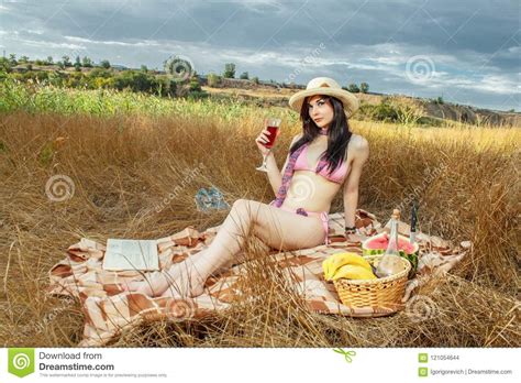 Girl In Bikini Having A Picnic Stock Photo Image Of Female Book