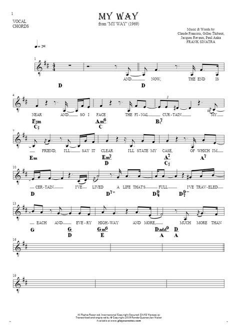 My Way Notes Lyrics And Chords For Vocal With Accompaniment