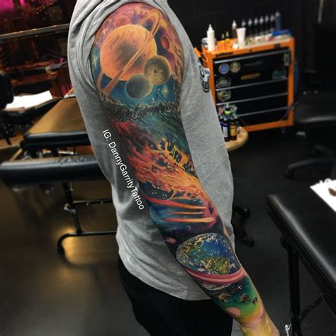 Mens Galaxy Space Sleeve Design Tattoo In Full Colour With Earth And