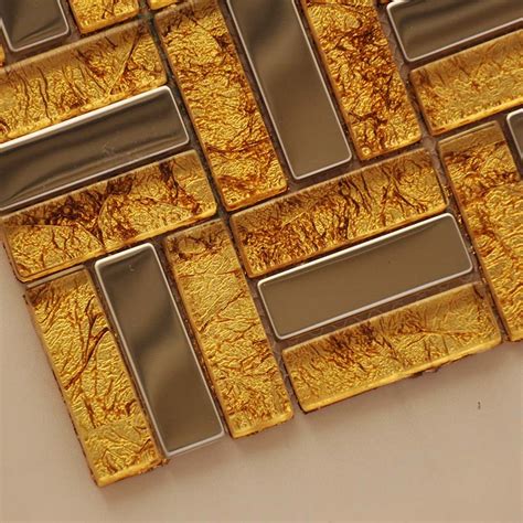 Metal And Glass Tile Stainless Steel Backsplash Wall Tile Gold Crystal