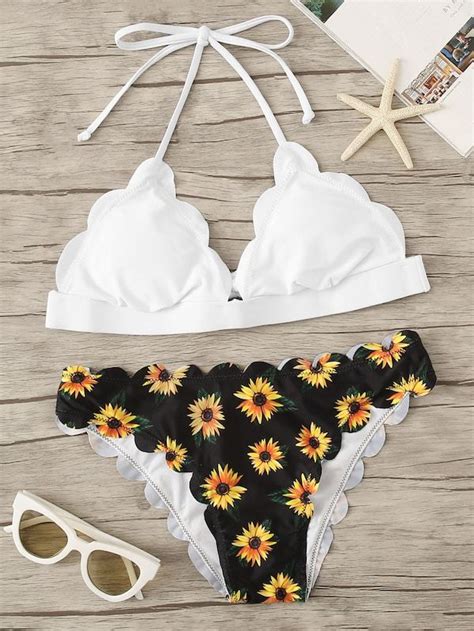 Random Floral Scalloped Trim Mix And Match Bikini Shein Mix And Match Bikini Bikinis Swimwear