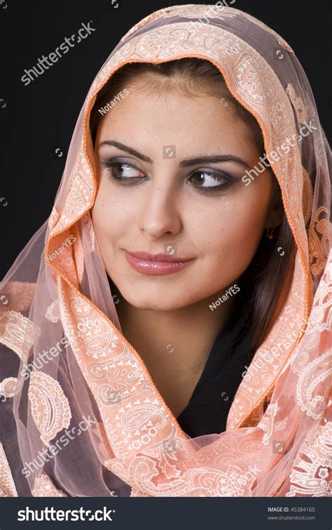Portrait Of A Beautiful Muslim Woman With Brown Eyes Stock