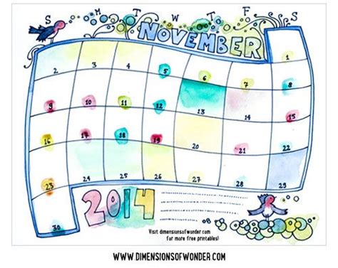 Free Printable Monthly Calendar November 2014 Hand Drawn Dimensions