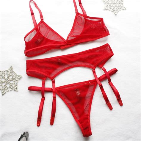 Promo Codes Transparent Lingerie Sheer Lingerie Set With Garter Belt Erotic Lingerie Red Sexy
