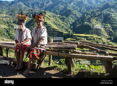 Two Senior Ifugao Women In Traditional Costume Banaue Rice Terraces In