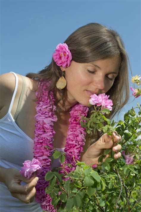 Beautiful Girl Smelling A Rose In Rose Field Stock Image Image Of