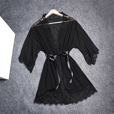 Yomrzl A502 New Arrival Summer Gauze Womens Robe One Piece Black Bathrobe Lace Sexy Indoor