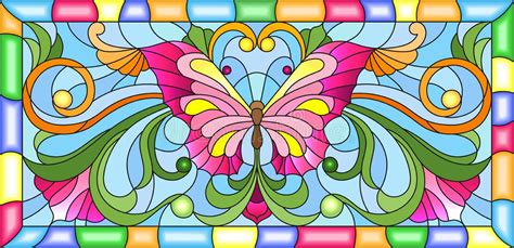 Stained Glass Illustration With A Bright Butterfly On A Background Of Flowers And Sky In A