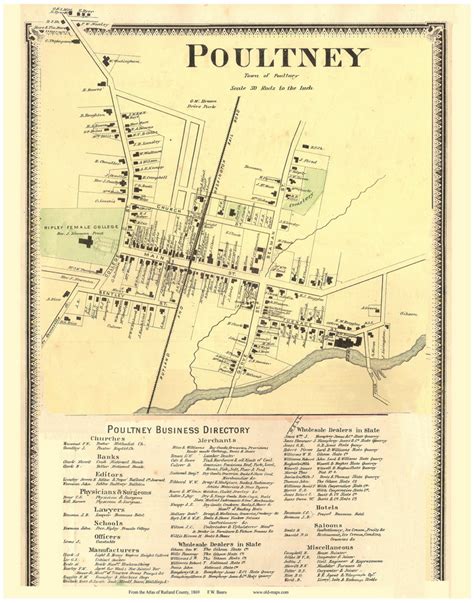 Poultney Village And Business Directory Vermont 1869 Old Town Map