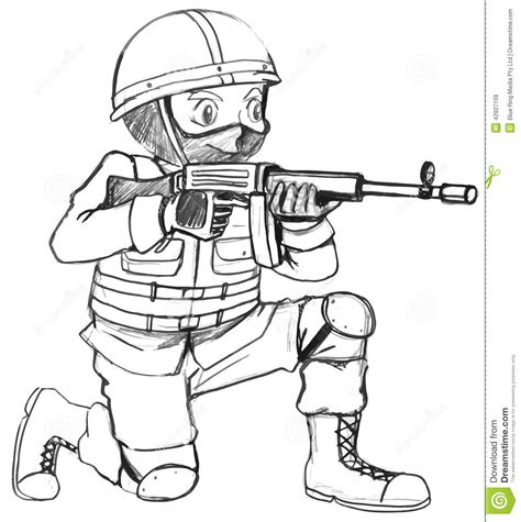 En Skissa Av En Soldat Med Ett Vapen Vektor Illustrationer