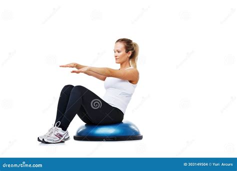 Sports Half Ball And Young Woman In A Studio For Stretching Body