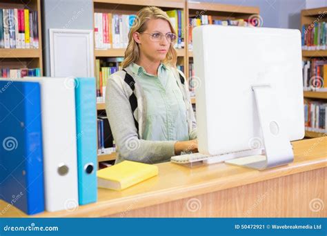 Pretty Librarian Working In The Library Stock Image Image Of Indoors