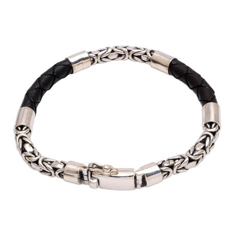 Mens Sterling Silver And Leather Bracelet In Black Strong Unity In