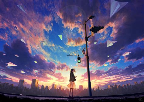 Wallpaper Anime Girls Sky City Traffic Lights Paper Planes