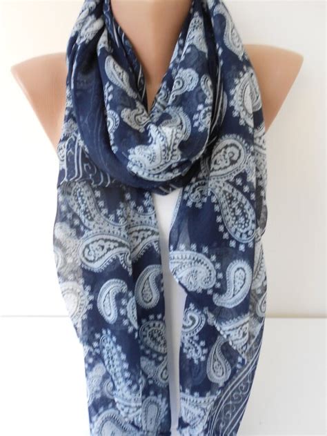 Autumn Paisley Scarf Shawl Cotton Voile Scarf Navy Blue Scarf Etsy