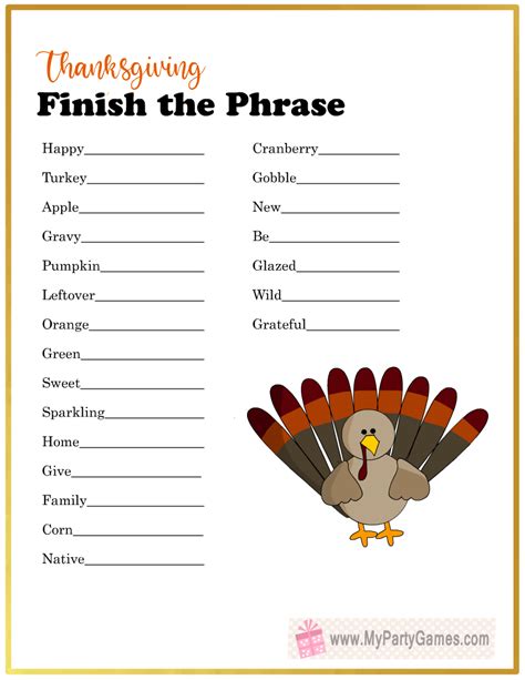 Free Printable Thanksgiving Finish The Phrase Game