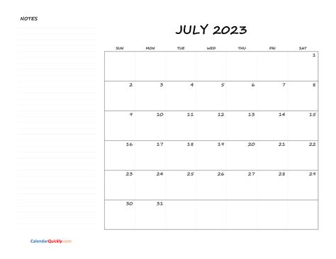 July Blank Calendar 2023 With Notes Calendar Quickly