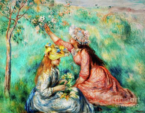 Girls Picking Flowers In A Meadow By Renoir Painting By Auguste Renoir