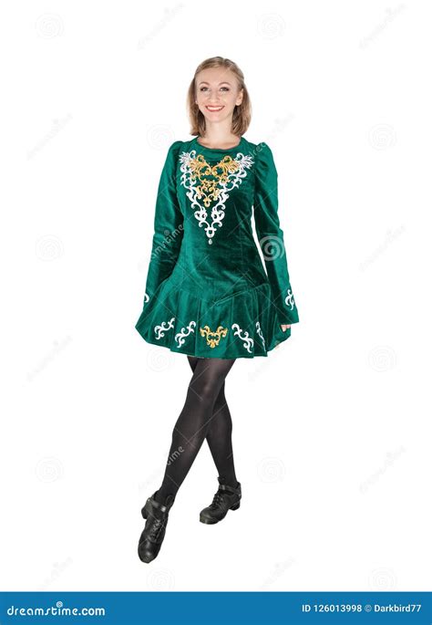 Beautiful Young Woman In Irish Dance Green Dress Isolated Stock Photo