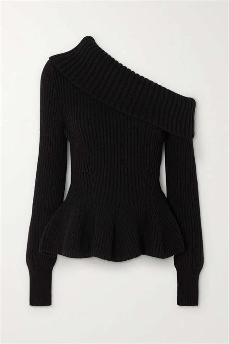 Black One Shoulder Ribbed Wool And Cashmere Blend Peplum Sweater