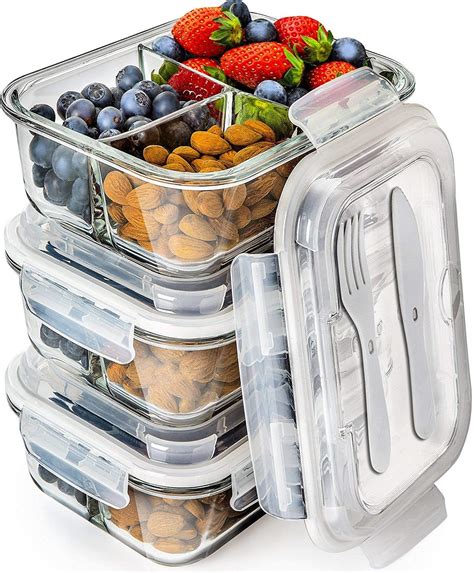 Prep Naturals Glass Meal Prep Containers 3 Compartment Bento Box