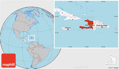 Highlighted continent, hill shading inside, hill shading outside. Gray Location Map of Haiti, highlighted continent