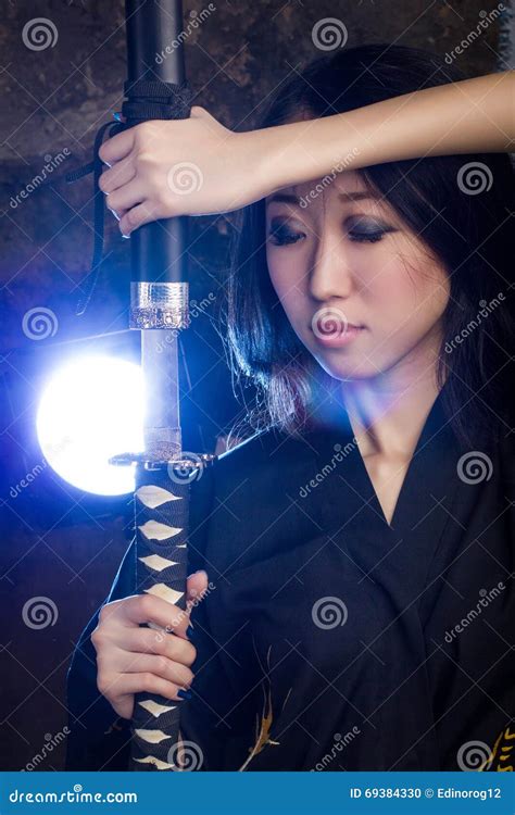 Beautiful Asian Girl In Kimono With A Katana Stock Photo Image Of