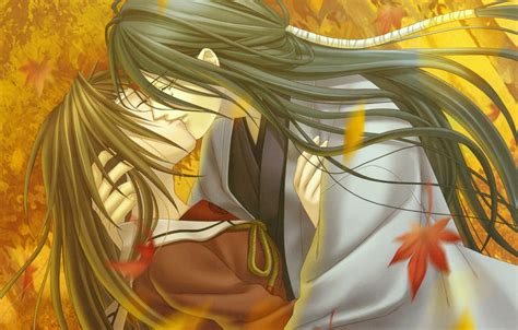 Обои поцелуй объятия школьница листопад длинные волосы японская