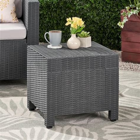 Noble House Waverly 17 In Dark Grey Square Faux Wicker Outdoor Side