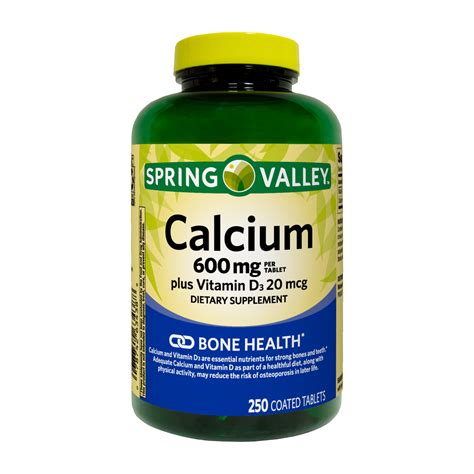 Spring Valley Calcium 600 Mg Plus Vitamin D3 20 Mcg Coated Tablets 250