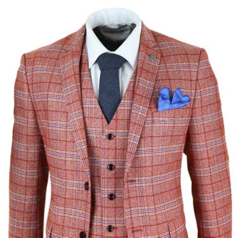 mens 3 piece tweed check suit herringbone vintage smart wine red peaky blinders ebay