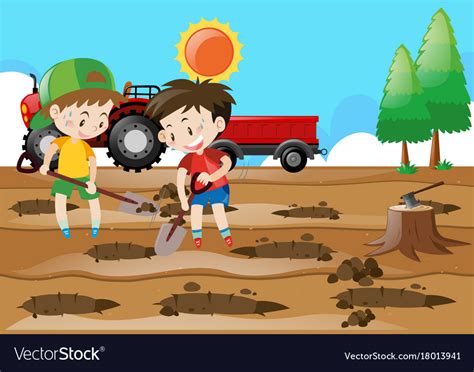 Two Boys Digging Holes On Ground Royalty Free Vector Image