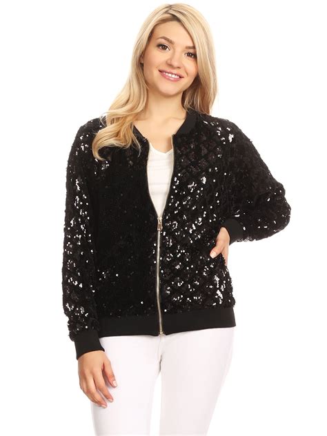 Fashion Womens Sequin Long Sleeve Front Zip Jacket With Ribbed Cuffs