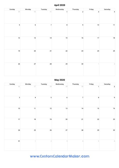 April And May 2020 Printable Calendar Template