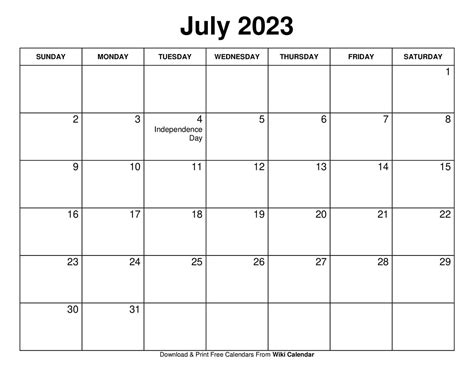 Printable July 2023 Calendar Printable Calendar 2023