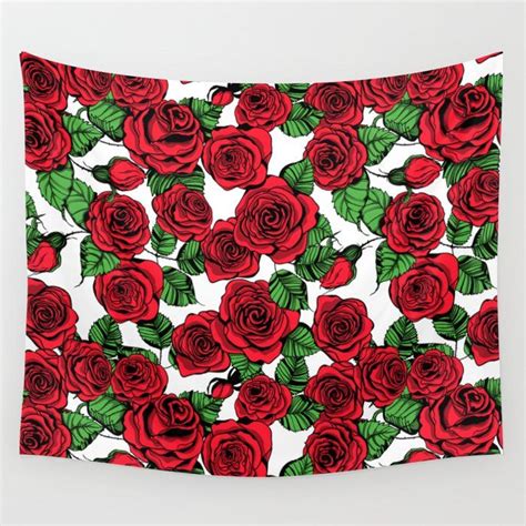 Red Roses Pattern Wall Tapestry By Katerinamitkova Tapestry