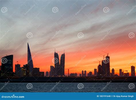 Bahrain Skyline And Orange Blue Sky During Sunset Stock Photo Image