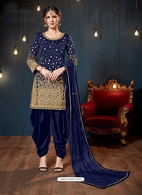 Trendy Navy Blue Embroidered Punjabi Patiala Suits Party Wear