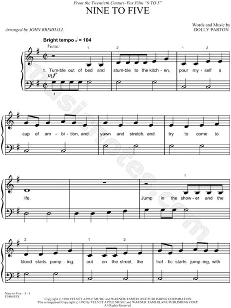 Dolly Parton Nine To Five Sheet Music Easy Piano In G Major