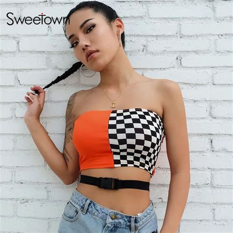 Buy Sweetown Sexy Strapless Checkerboard Boob Tube Top Women Summer Buckle Belt