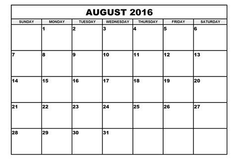 2016 Monthly Blank Calendar August 2016 Printable Calendar Template