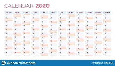 Business Planner Calendar Vector Template For 2020 Year Stock Vector